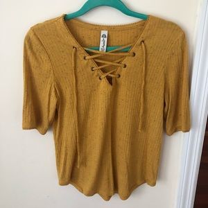 Soft Yellow Women’s Lace Up Speckled Knit Top American Rag